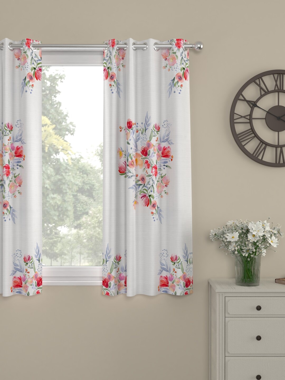 

ROSARA HOME White & Red Floral Printed Window Curtain