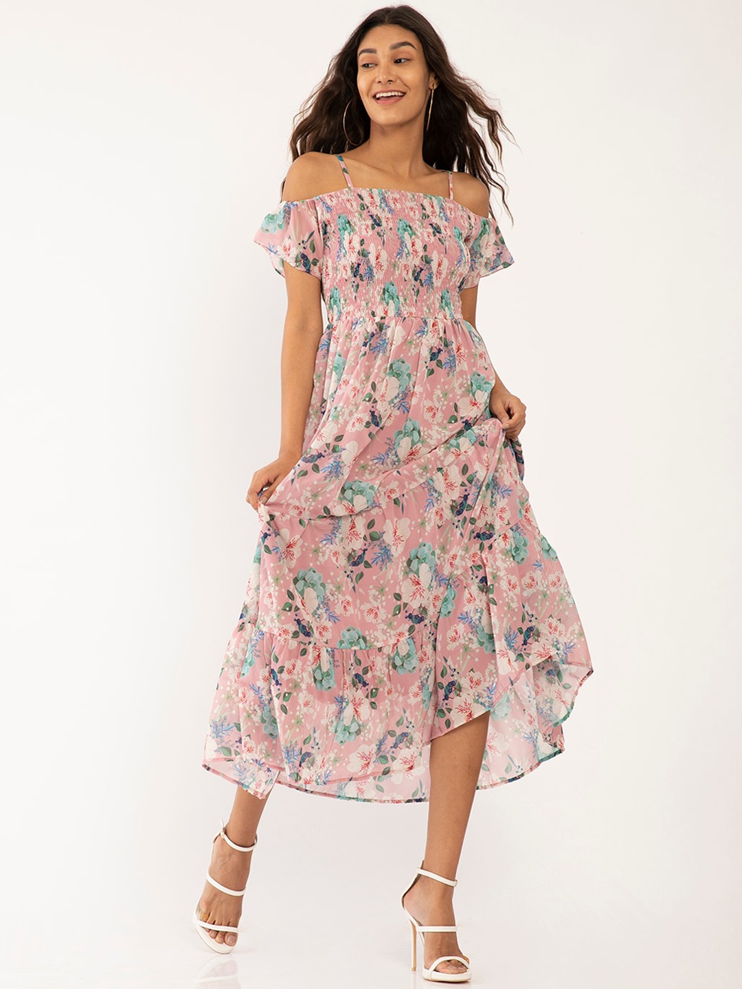 

Zink London Pink & Green Floral Off-Shoulder Midi Dress