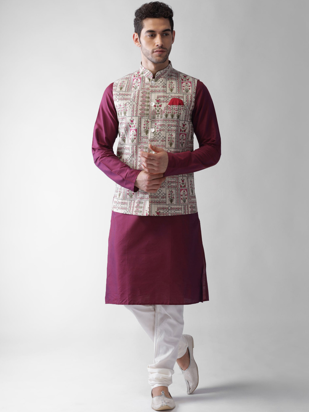 

KISAH Men Floral Printed Regular Fit Kurta Jacket Churidar Set, Purple