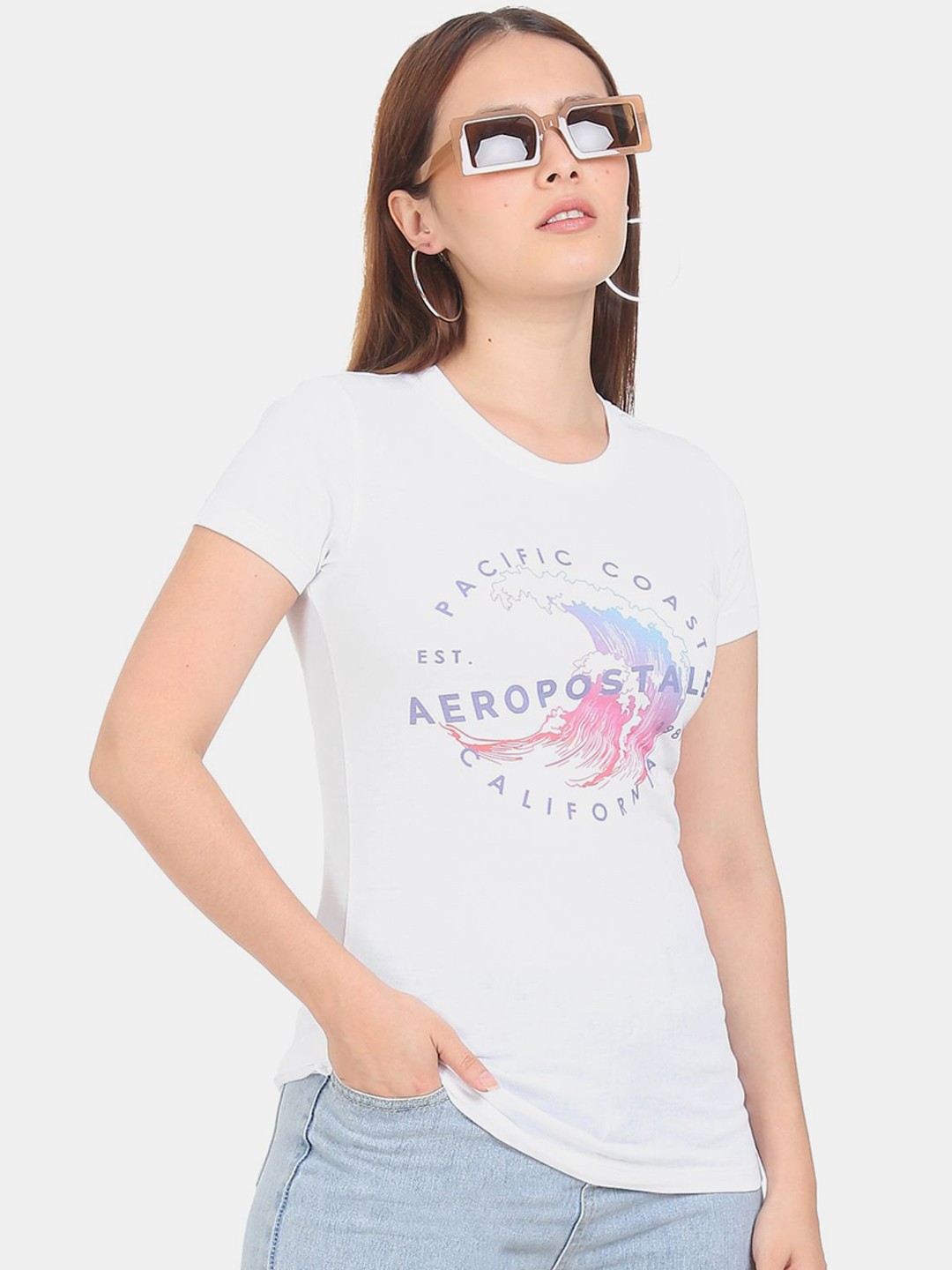 

Aeropostale Women White Printed Pure Cotton T-shirt