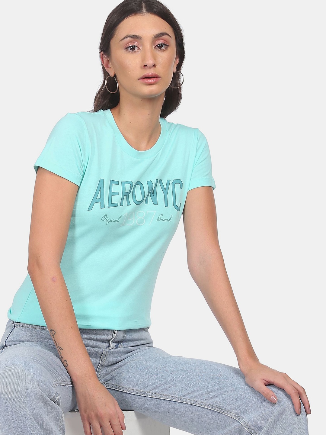 

Aeropostale Women Blue Printed Pure Cotton T-shirt