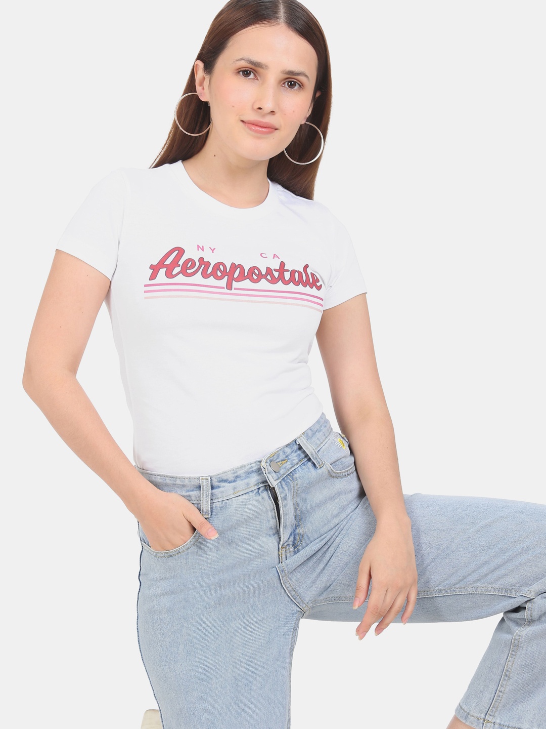 

Aeropostale Women White Brand Logo Printed Pure Cotton T-shirt