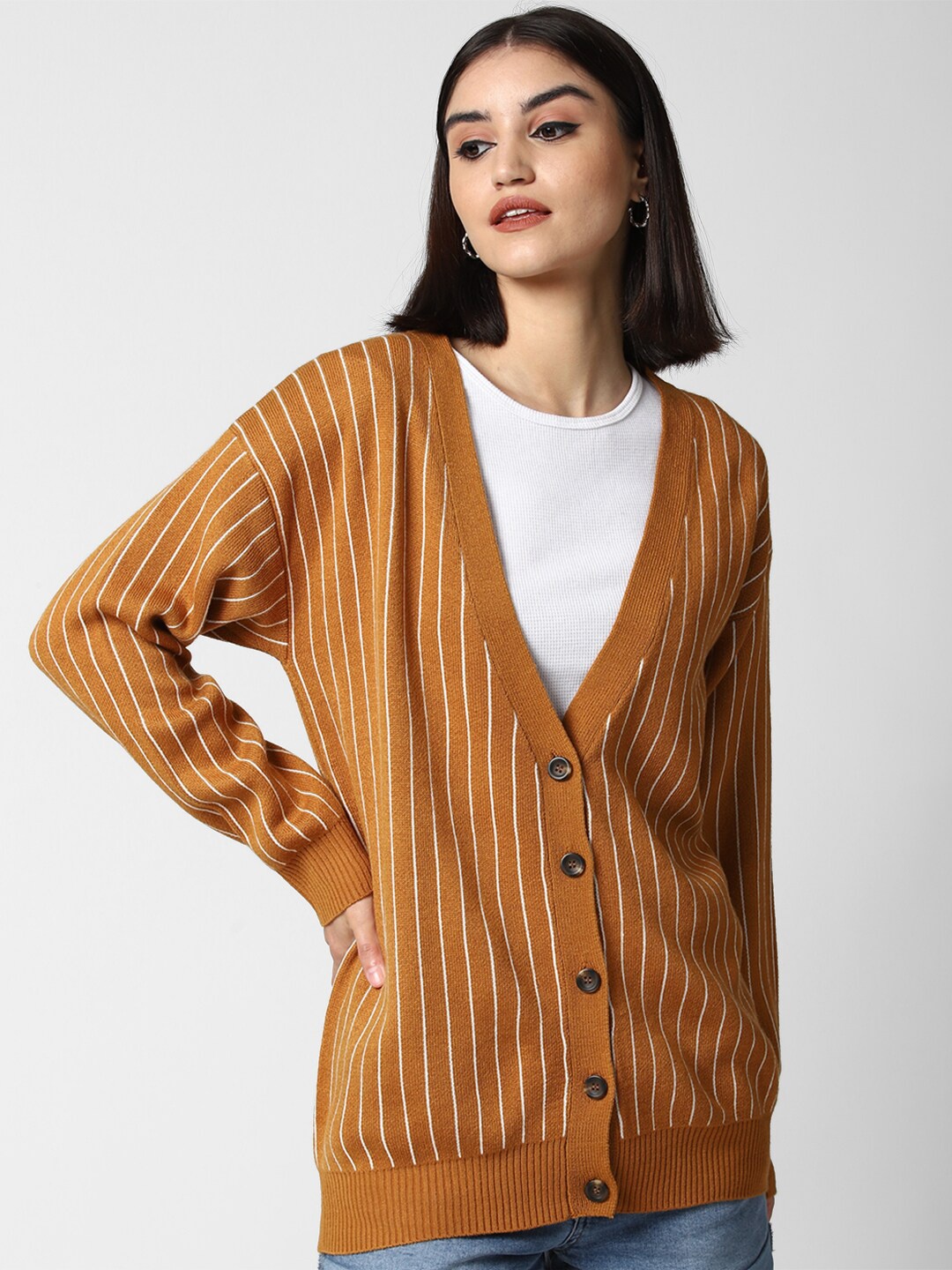 

FOREVER 21 Women Brown & White Striped Front-Open