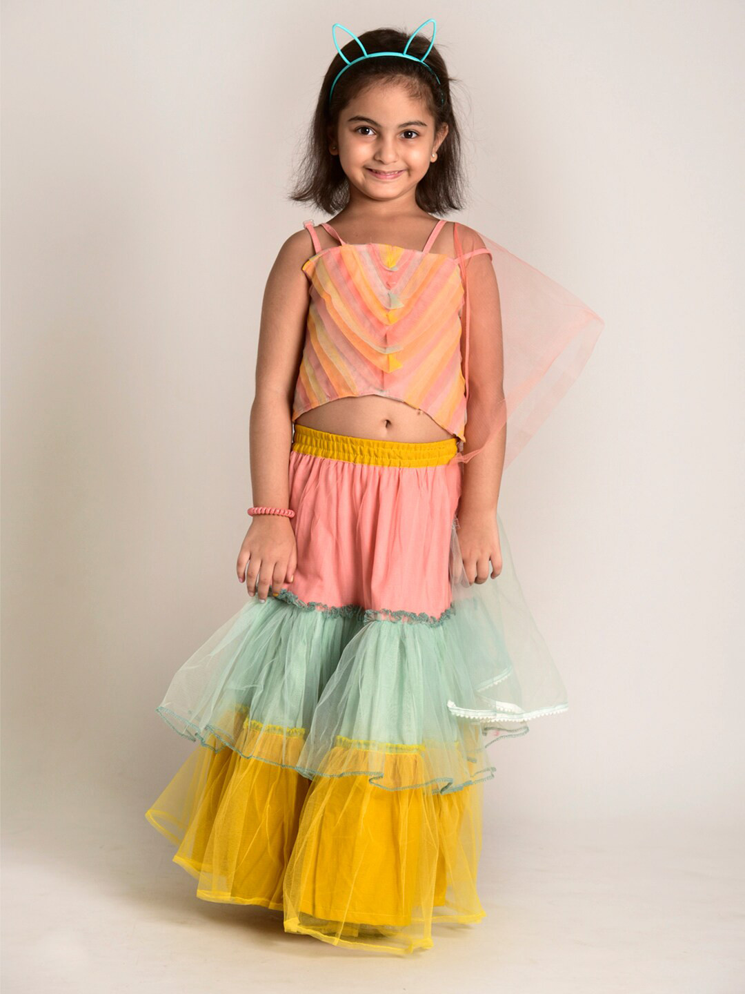 

CUTE LEMONS Girls Pink & Green Printed Ready to Wear Lehenga & Blouse With Dupatta