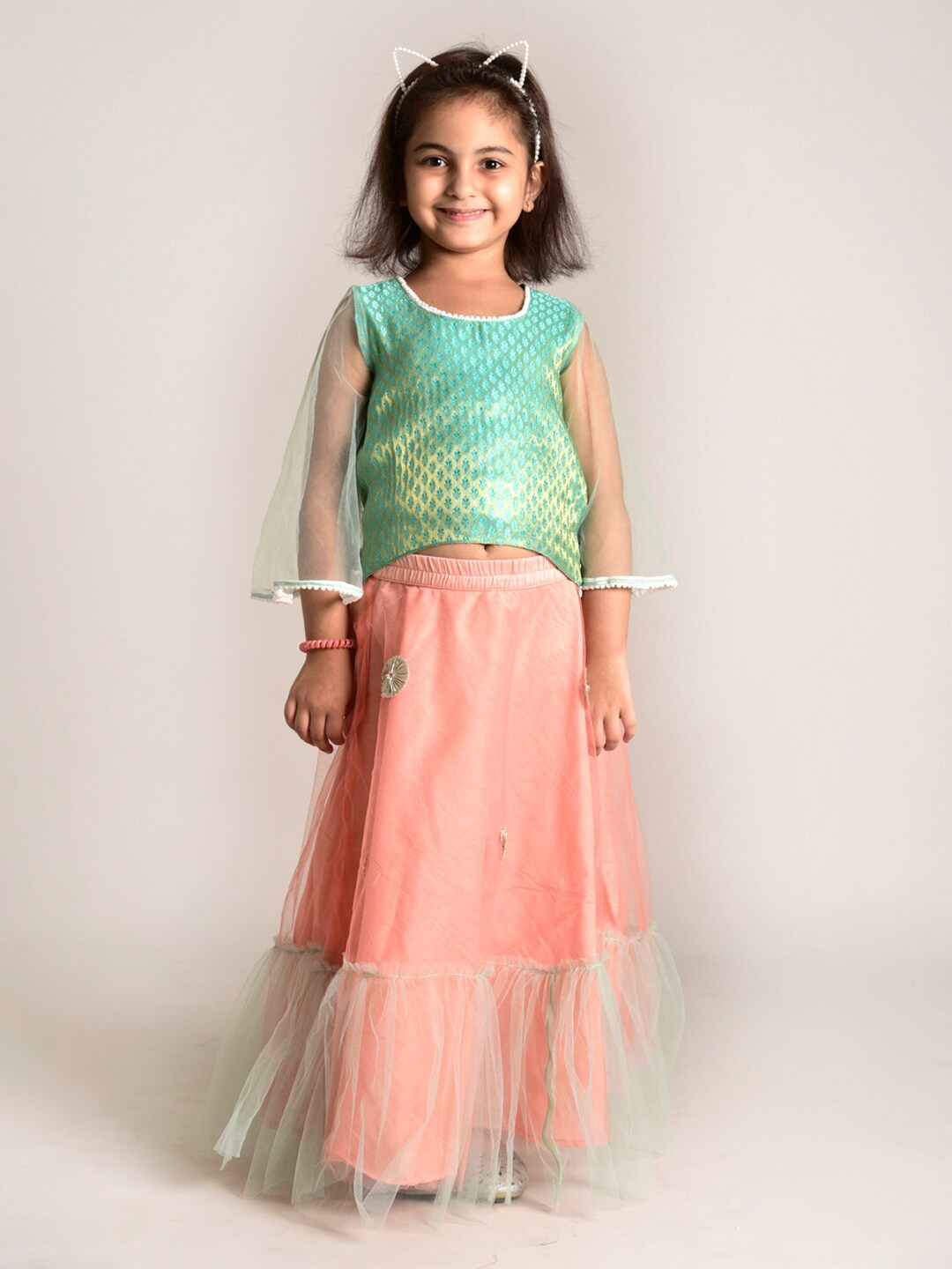 

CUTE LEMONS Girls Peach-Coloured & Green Ready to Wear Lehenga Choli