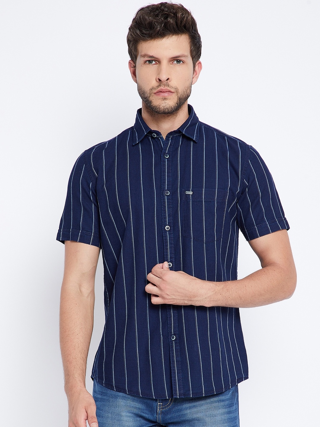 

Crimsoune Club Men Navy Blue Slim Fit Opaque Striped Pure Cotton Casual Shirt