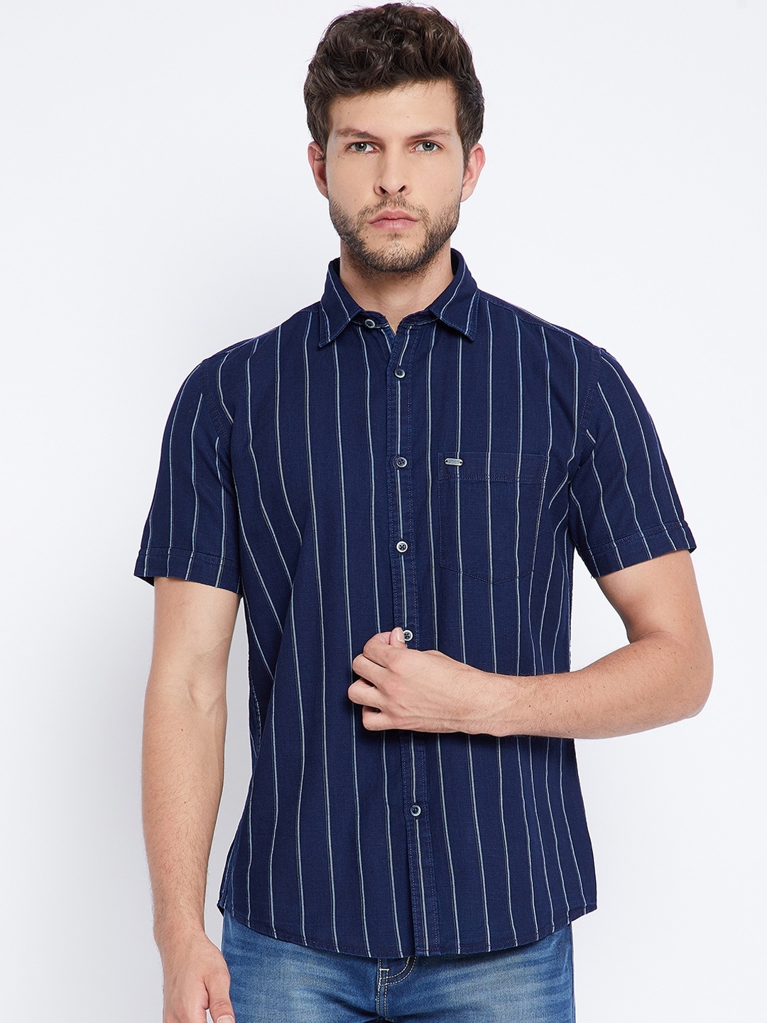 

Crimsoune Club Men Navy Blue Slim Fit Opaque Striped Pure Cotton Casual Shirt