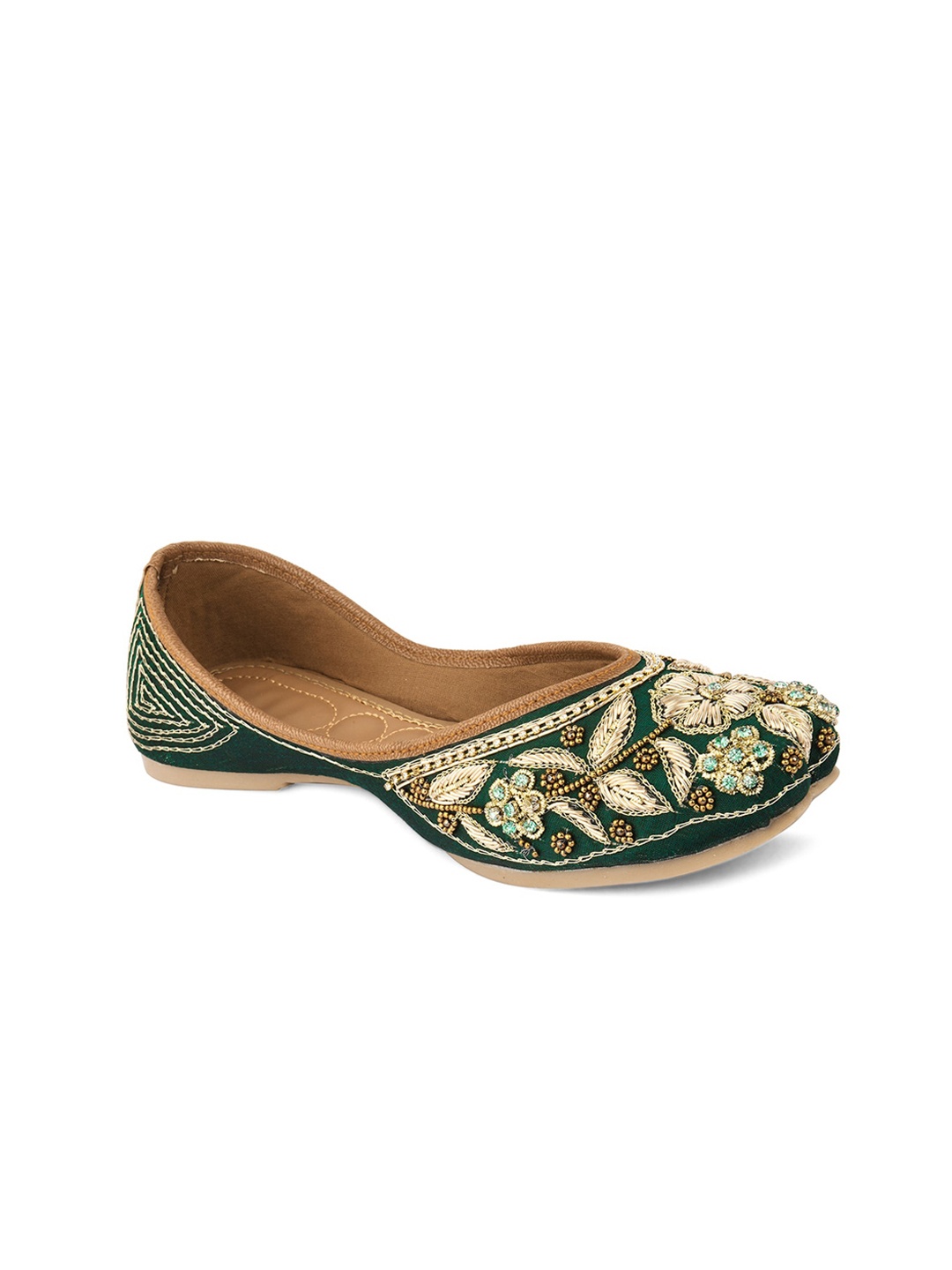 

DESI COLOUR Women Green Embellished Leather Ethnic Mojaris Flats