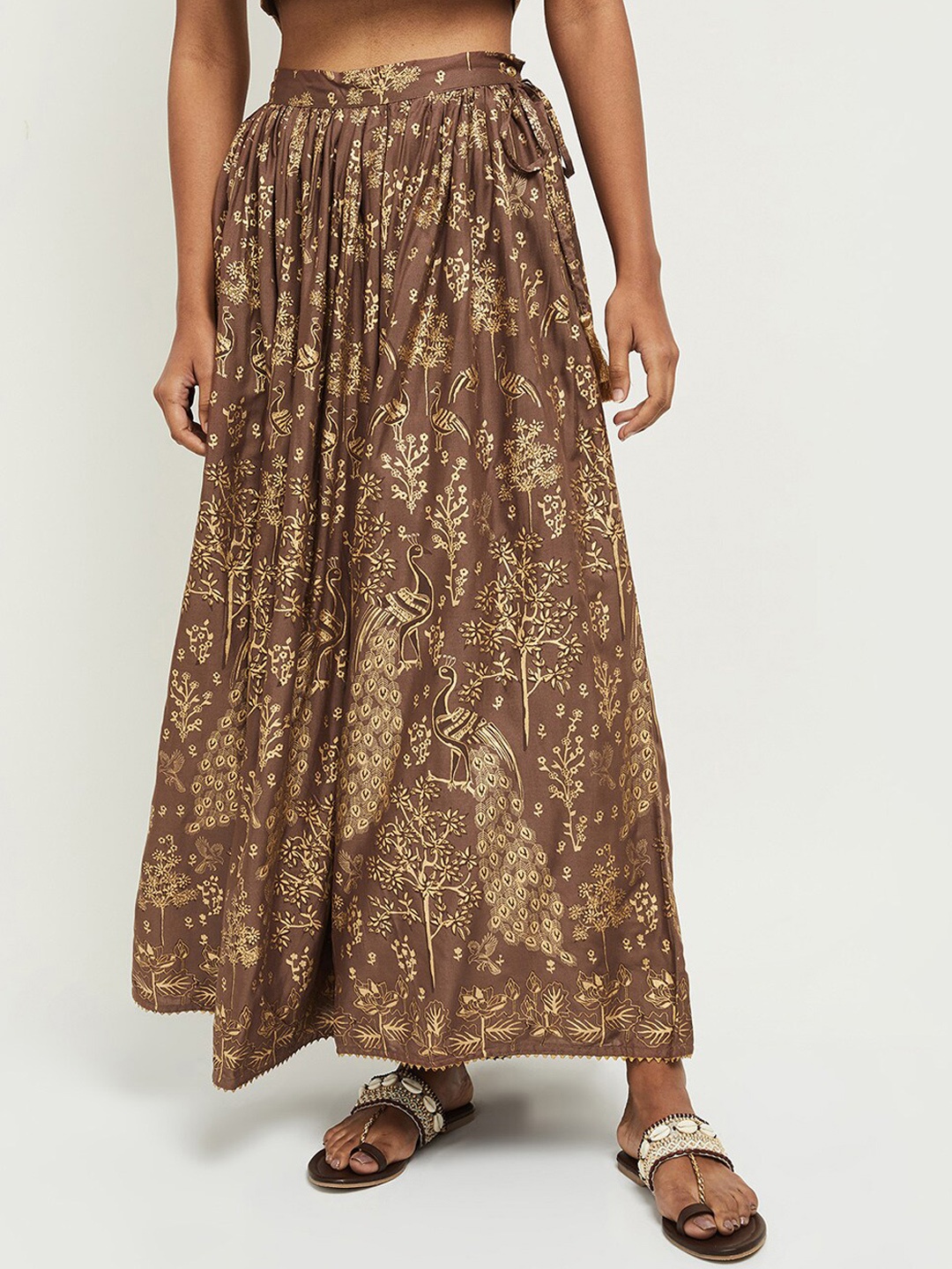 

max Women Brown & Gold-Coloured Printed Flared Maxi Skirt