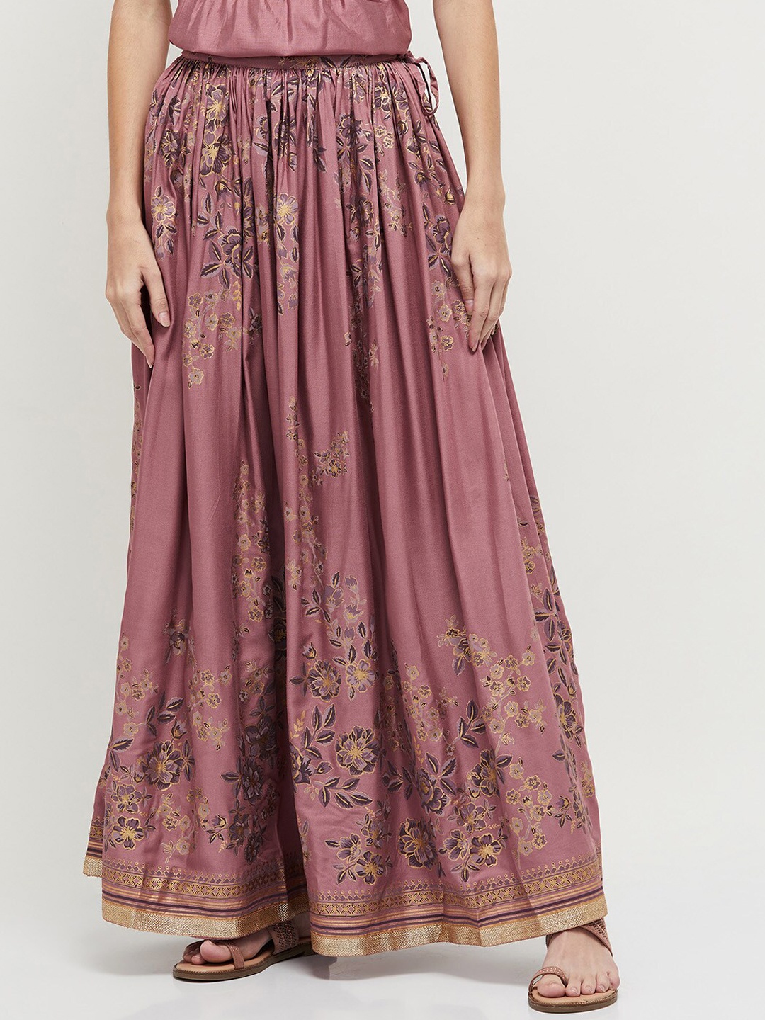 

max Women Mauve & Gold-Coloured Printed Flared Maxi Skirt