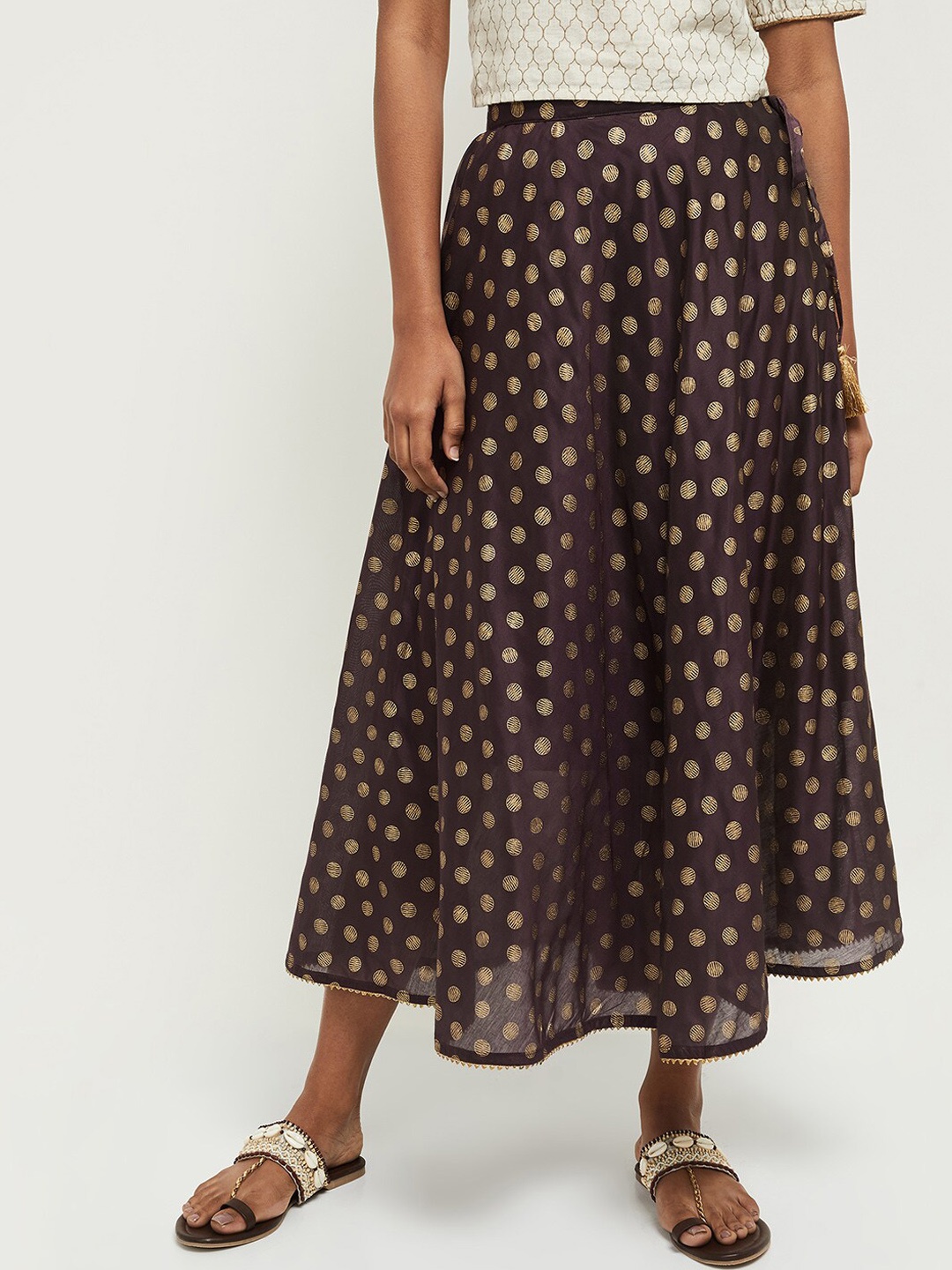 

max Women Purple & Gold-Coloured Printed Flared Maxi Skirt