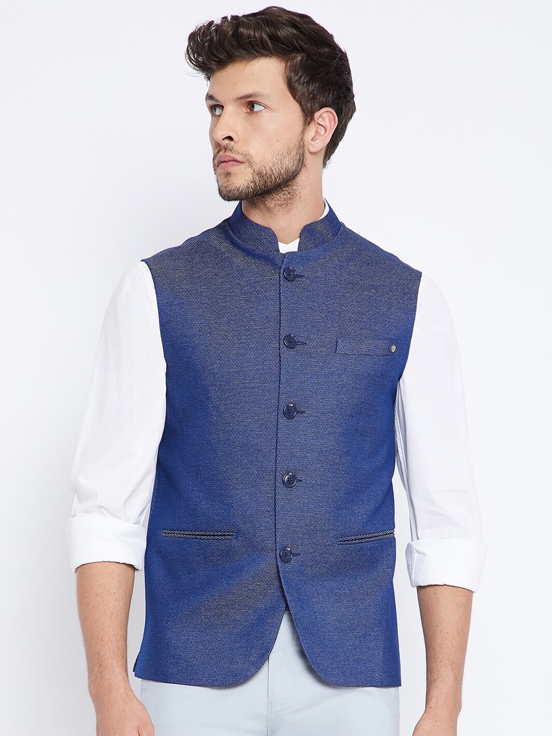 

Crimsoune Club Men Blue Woven Design Nehru Jacket