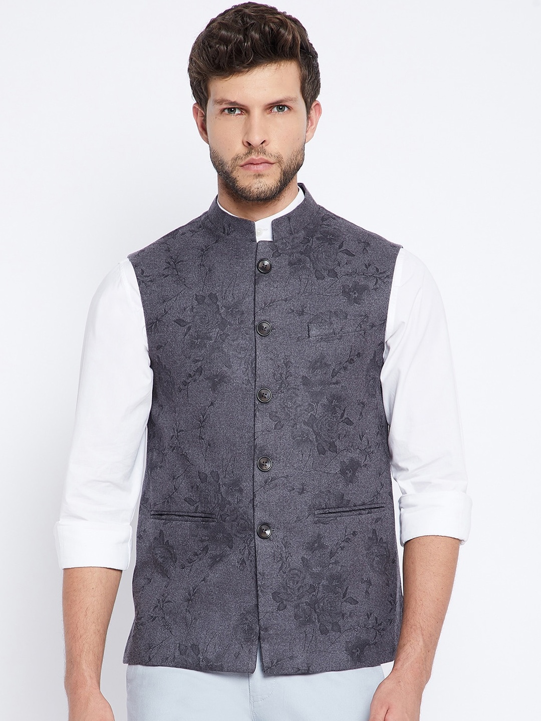 

Crimsoune Club Men Grey Floral Printed Waistcoat