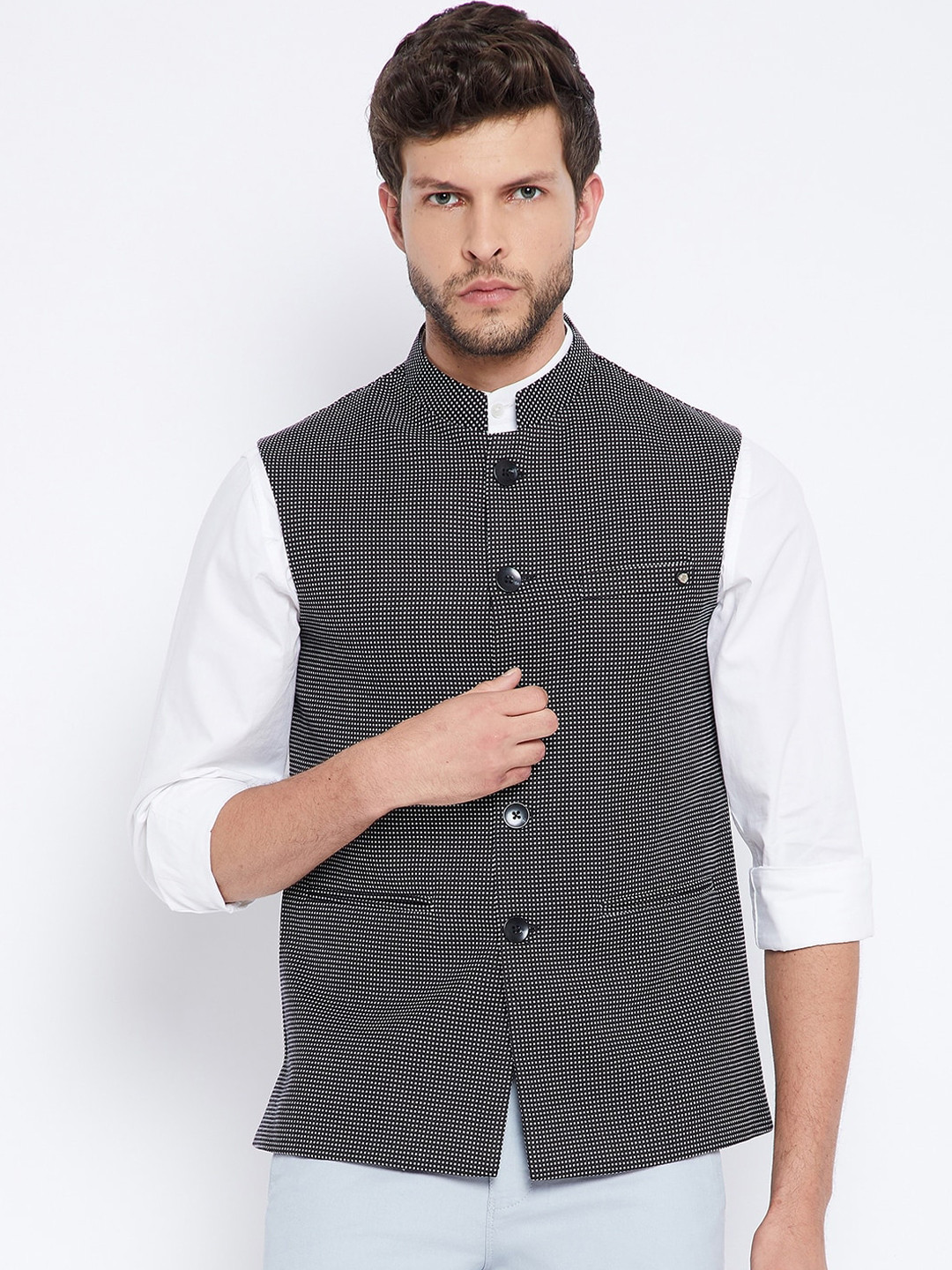 

Crimsoune Club Men Grey Checked Nehru Jacket