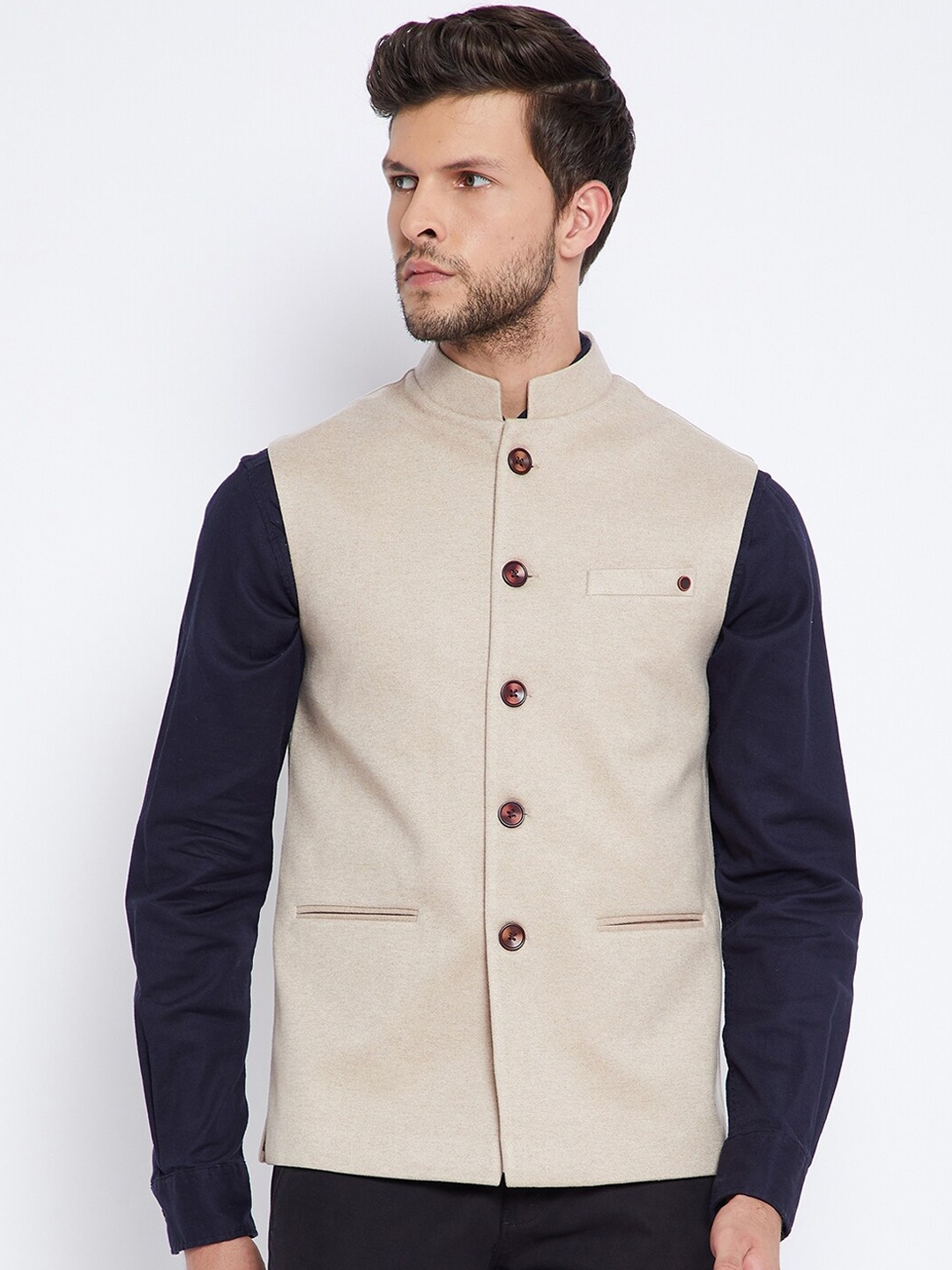 

Crimsoune Club Men Beige Woven Design Nehru Jacket