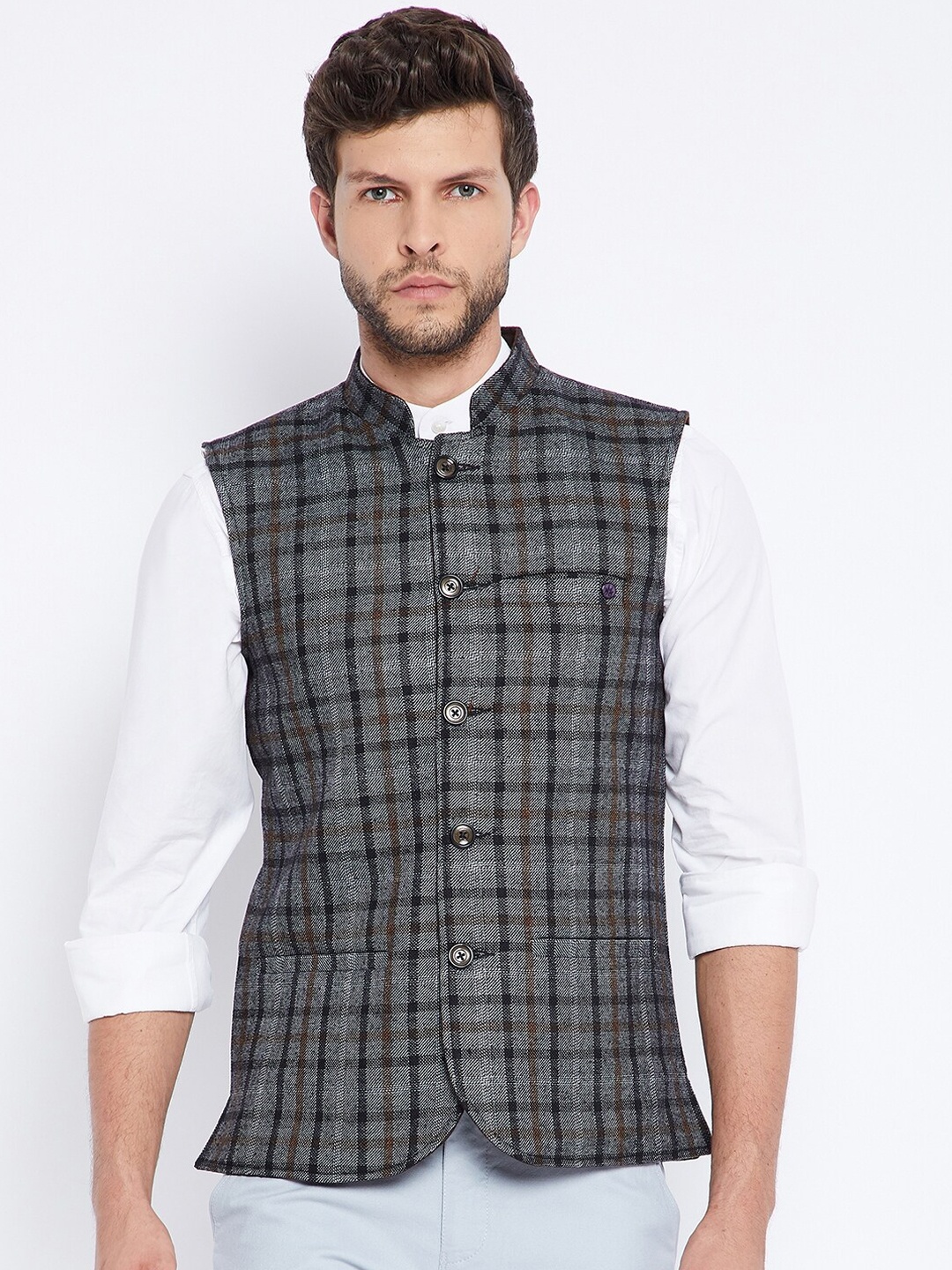 

Crimsoune Club Men Grey & Brown Checked Reversible Nehru Jacket