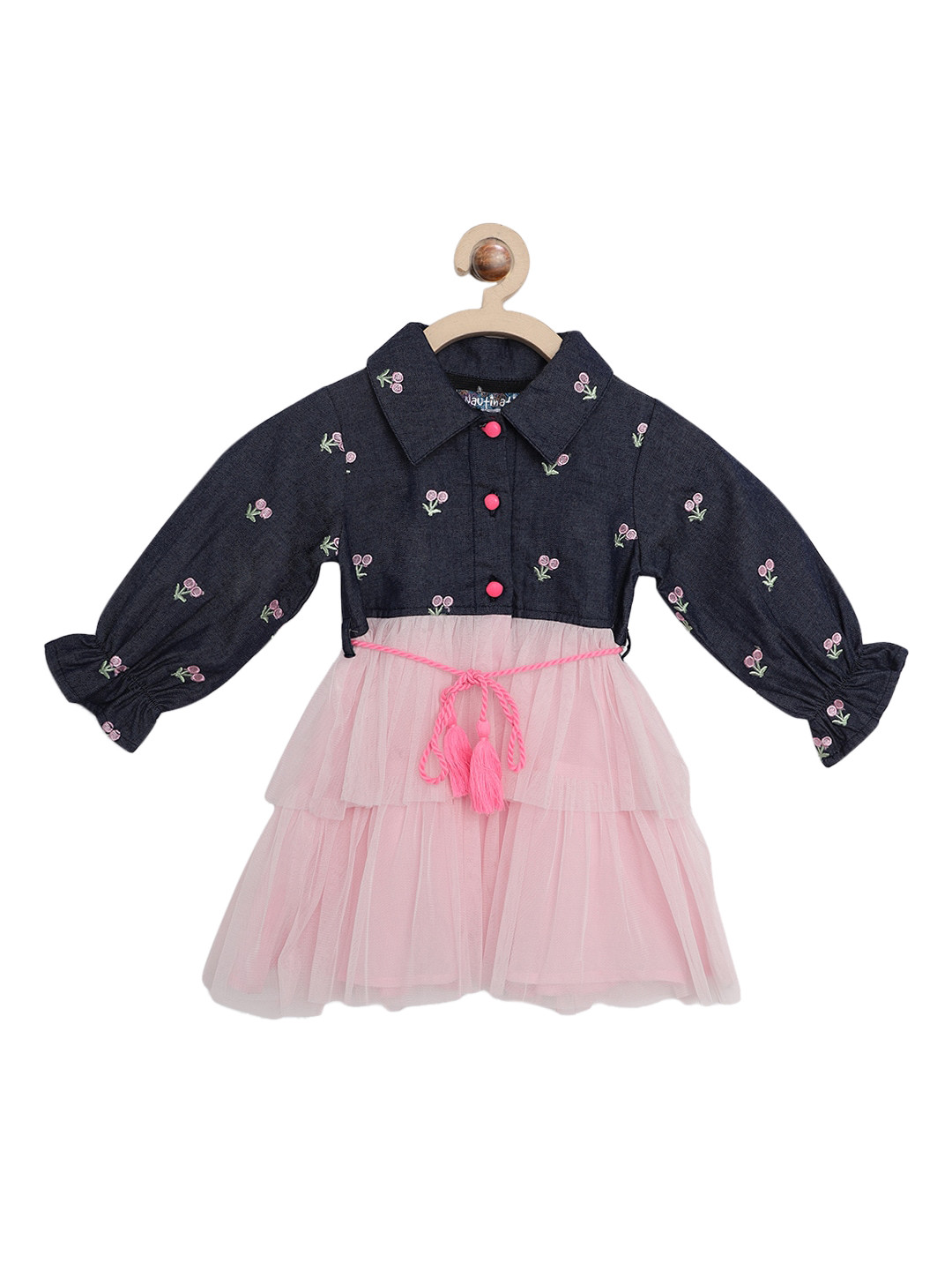 

Nauti Nati Blue & Pink Floral Embroidered Cotton Fit & Flare Dress