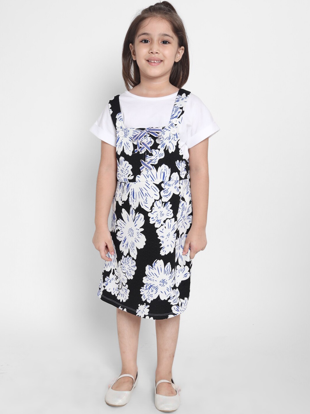 

Nauti Nati Girls Black & White Printed Dungaree With T-Shirt
