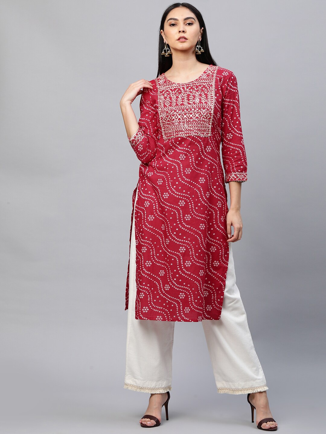 

FASHOR Women Red Bandhani Printed Thread Work Kurta