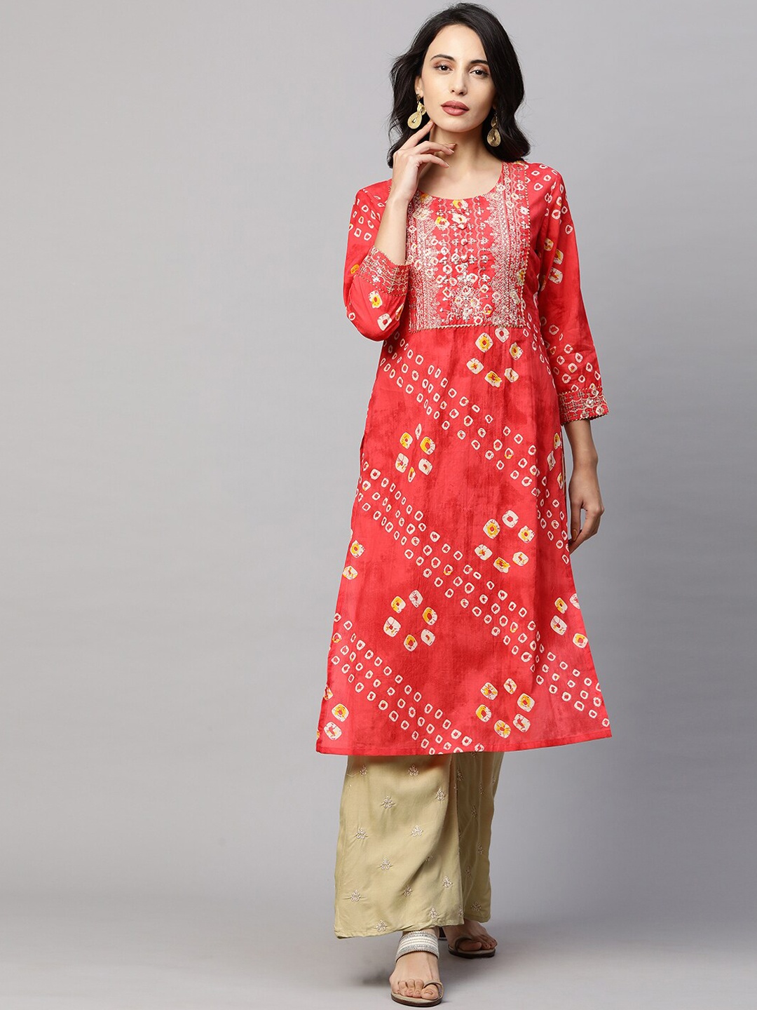 

FASHOR Women Red Bandhani Printed Thread Work Kurta