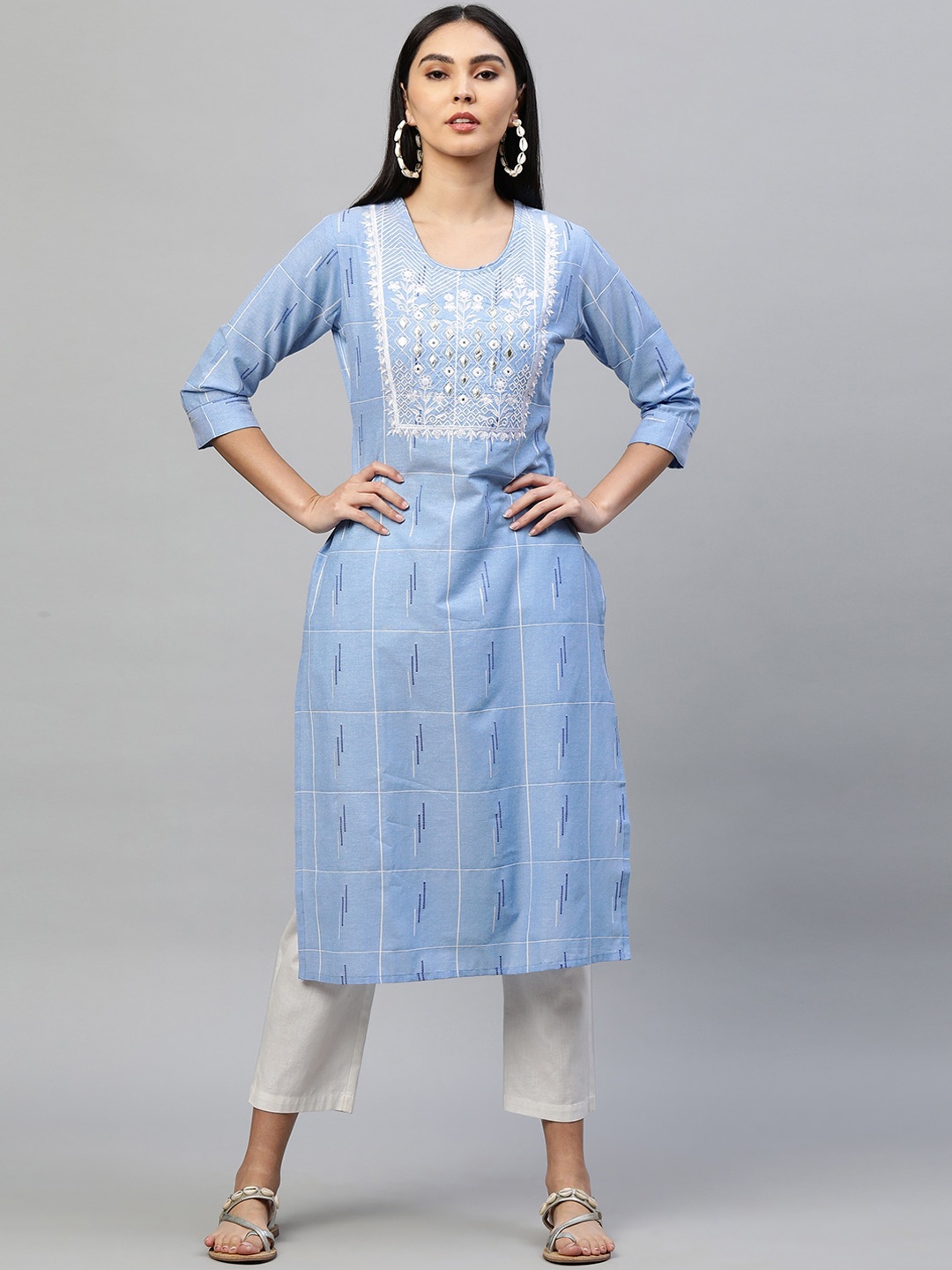 

FASHOR Women Blue Embroidered Yoke Design Chikankari Kurta