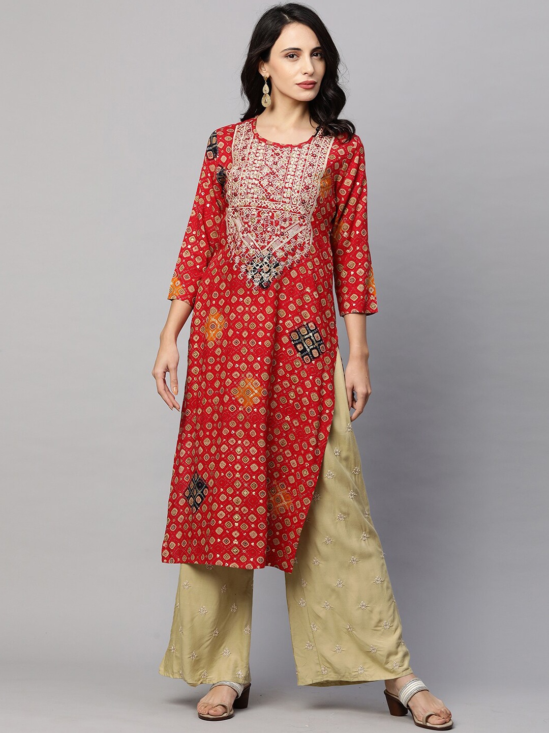 

FASHOR Women Red Geometric Printed Thread Work Kurta