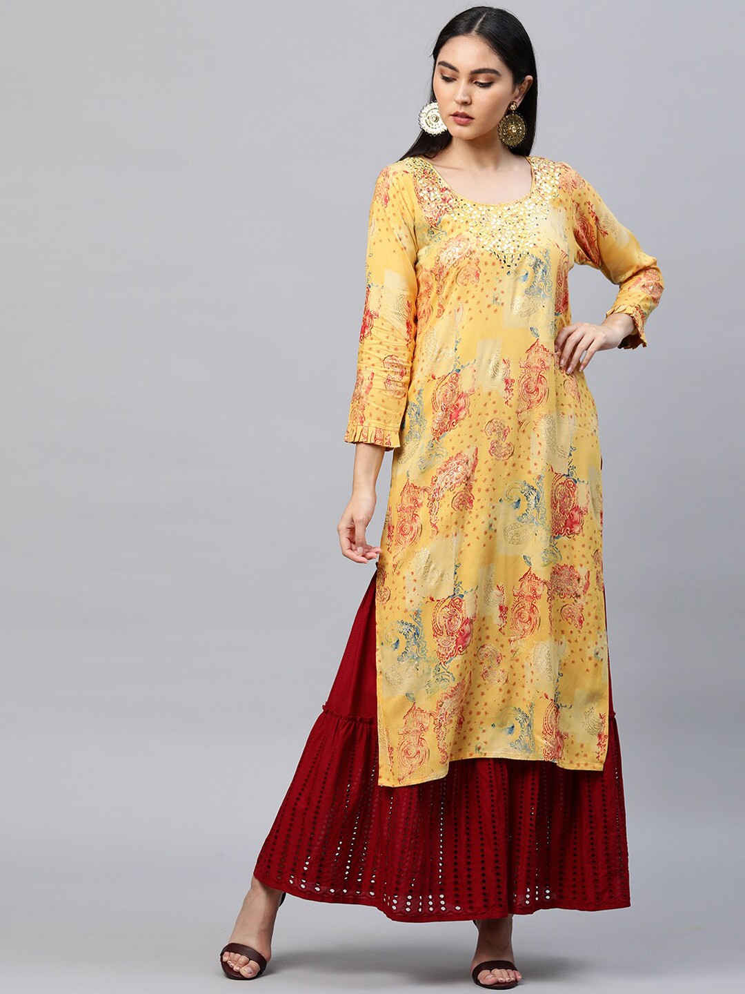 

FASHOR Women Yellow Ethnic Motifs Printed Mirror Work Kurta