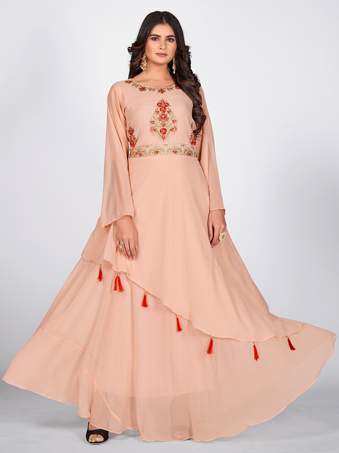 

SHOPGARB Beige Embroidered Georgette Maxi Dress