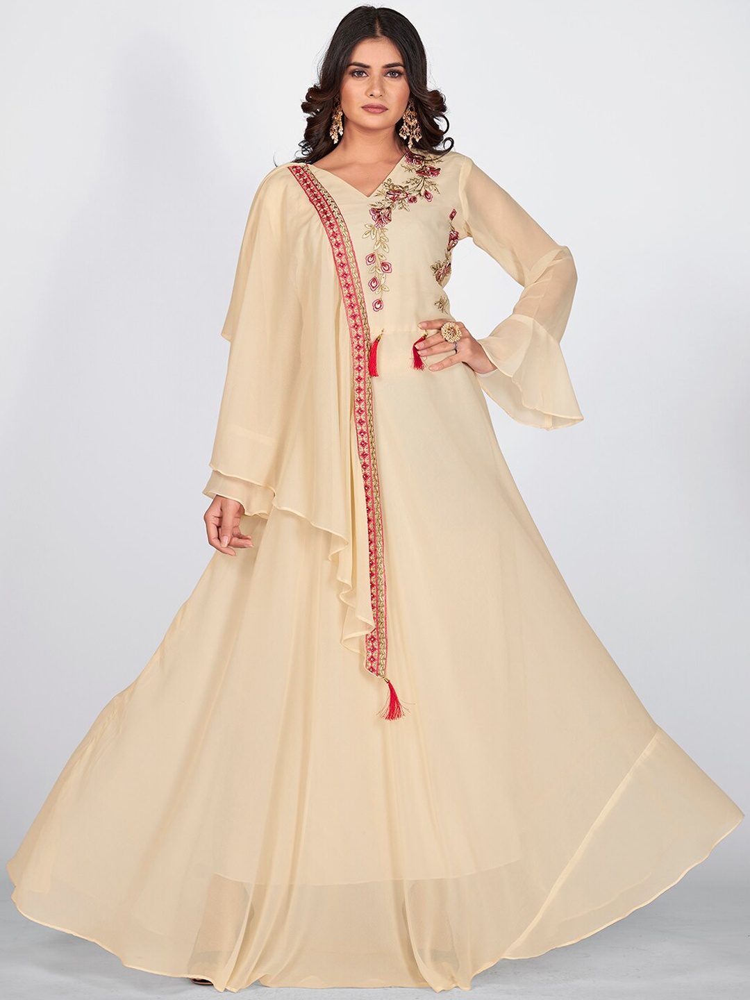

SHOPGARB Beige Floral Embroidered Georgette Maxi Dress