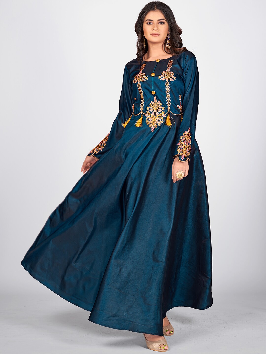 

SHOPGARB Navy Blue Embroidered Scuba Maxi Dress
