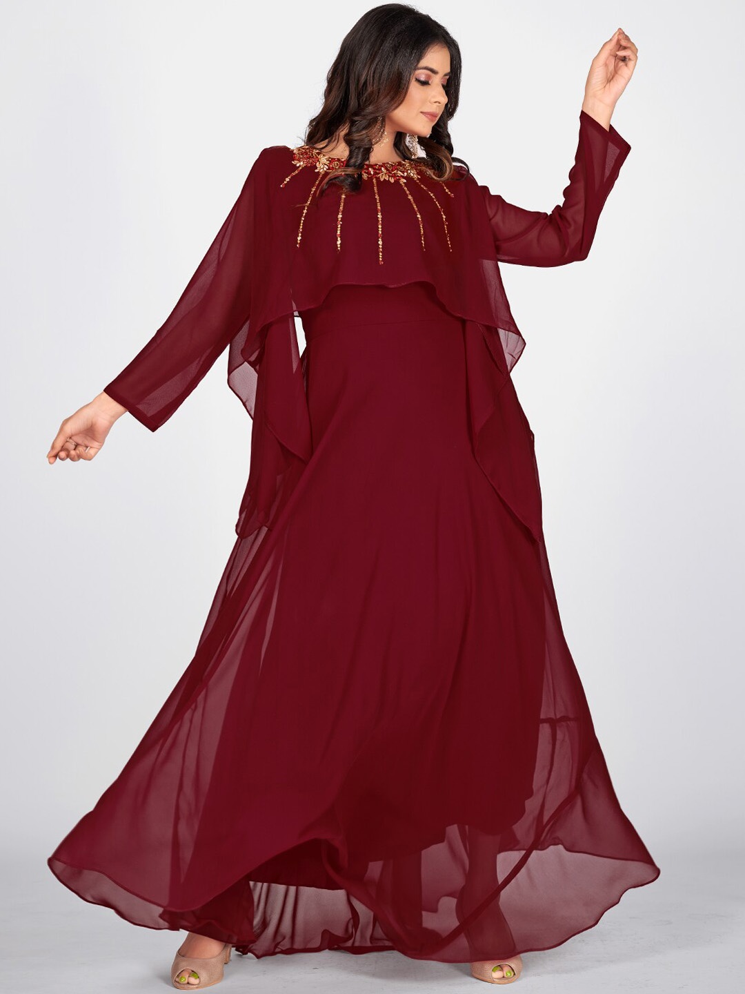 

SHOPGARB Maroon Floral Embroidered Georgette Maxi Dress