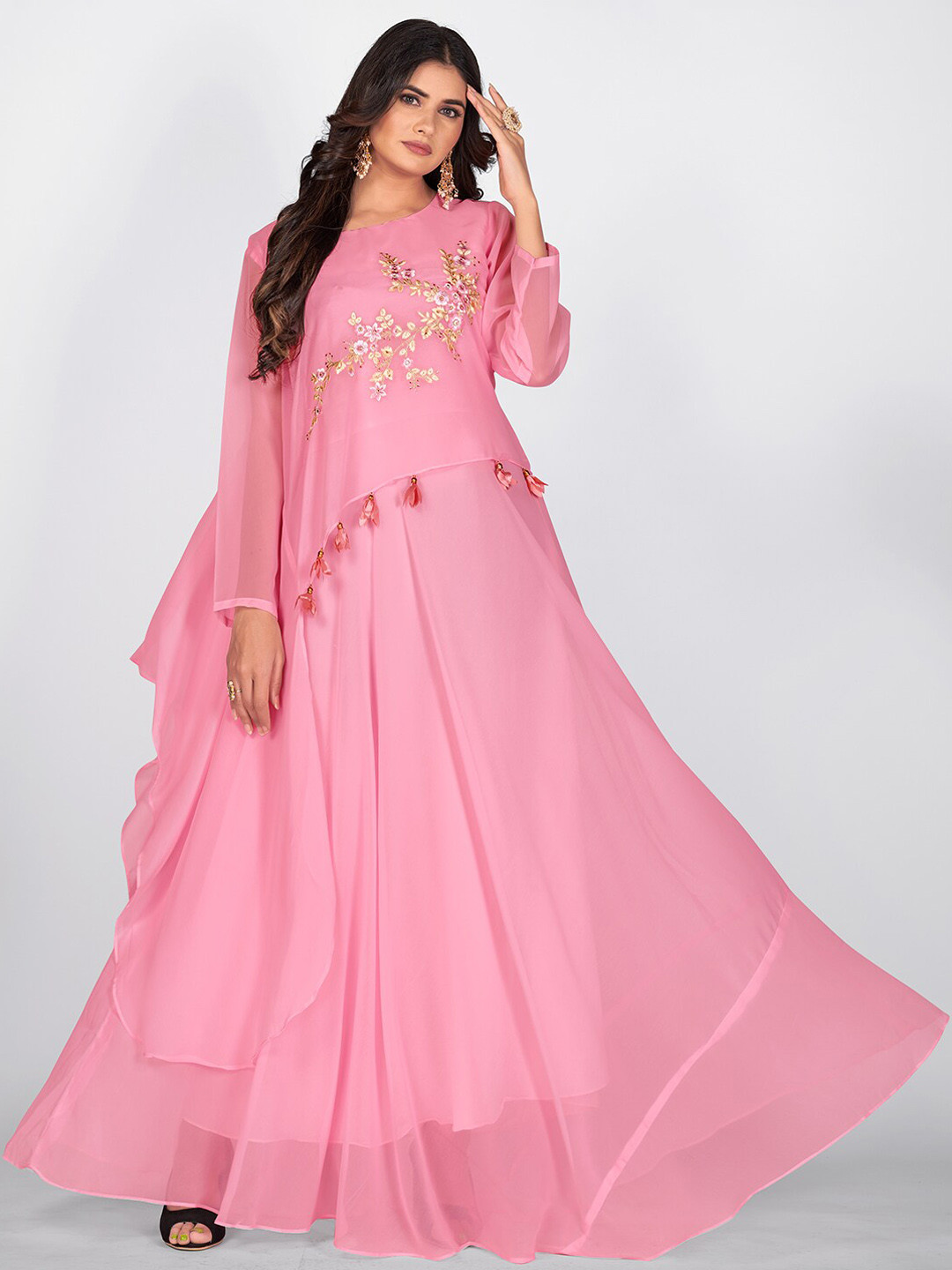 

SHOPGARB Pink Floral Embroidered Georgette Maxi Dress