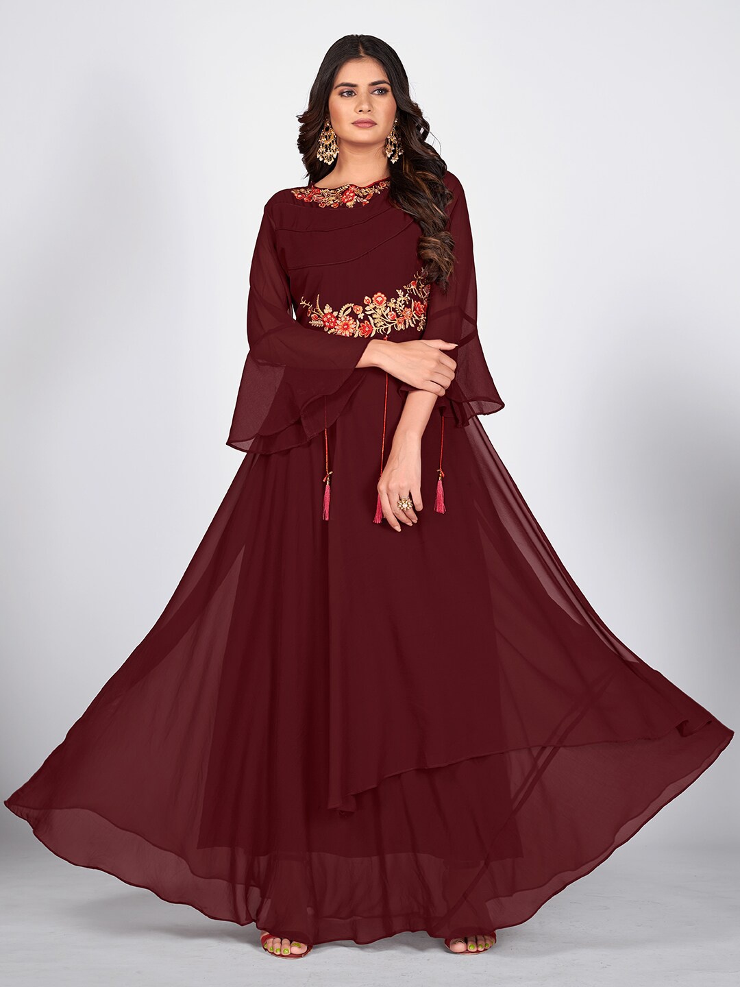 

SHOPGARB Maroon Floral Embroidered Georgette Maxi Dress
