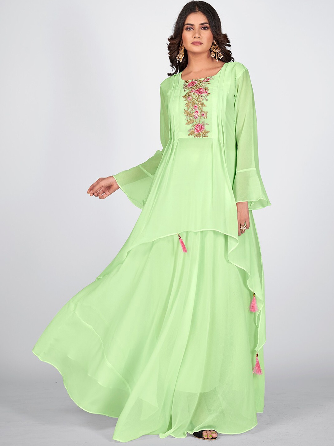 

SHOPGARB Green Floral Embroidered Georgette Maxi Dress