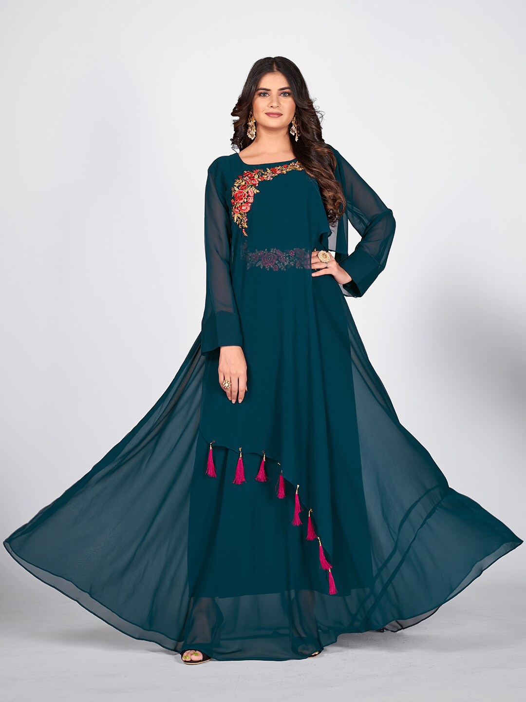 

SHOPGARB Teal Green Embroidered Georgette Maxi Dress
