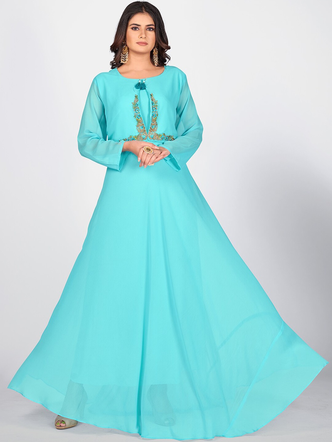 

SHOPGARB Turquoise Blue Floral Embroidered Georgette Maxi Dress