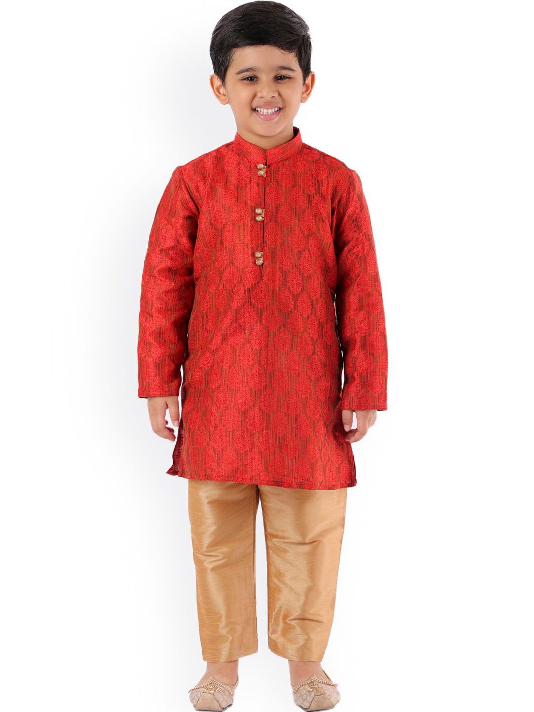 

YK Boys Maroon Regular Self Design Kurta with Pyjamas