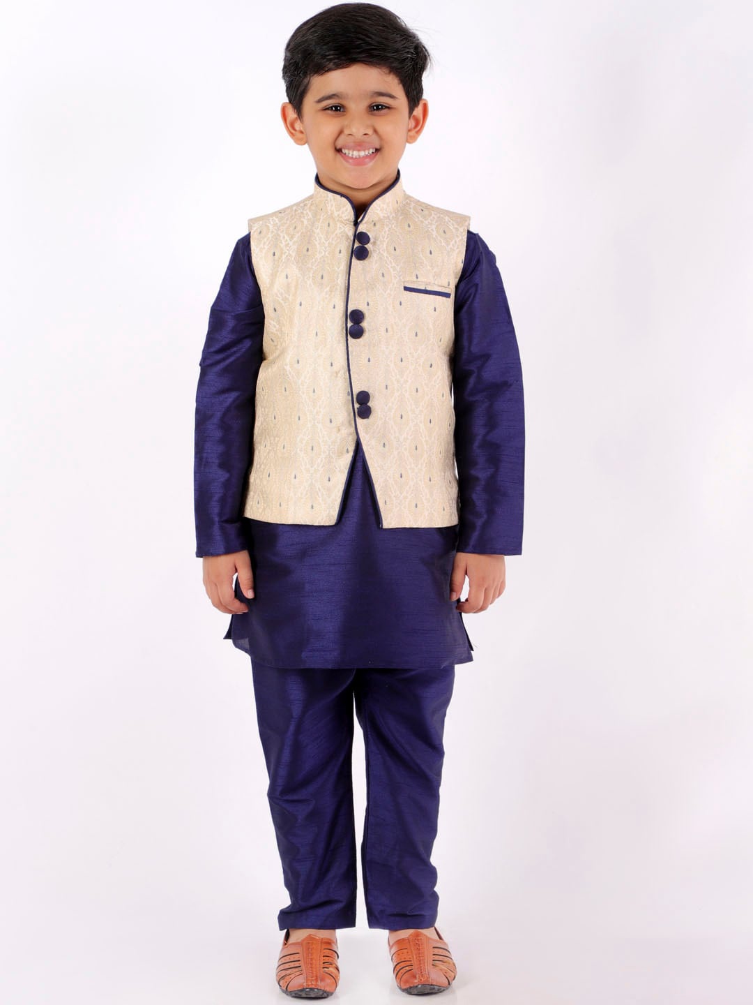 

YK Boys Beige Layered Kurta with Trousers