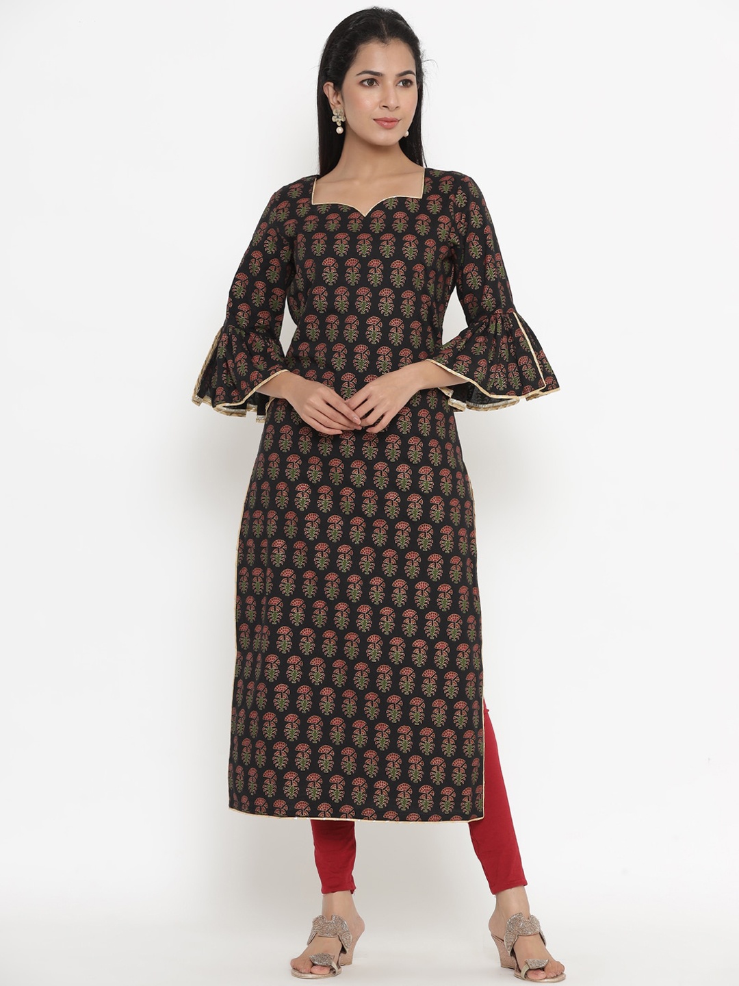 

Indian Virasat Women Black Floral Printed Bell Sleeves Cotton Kurta