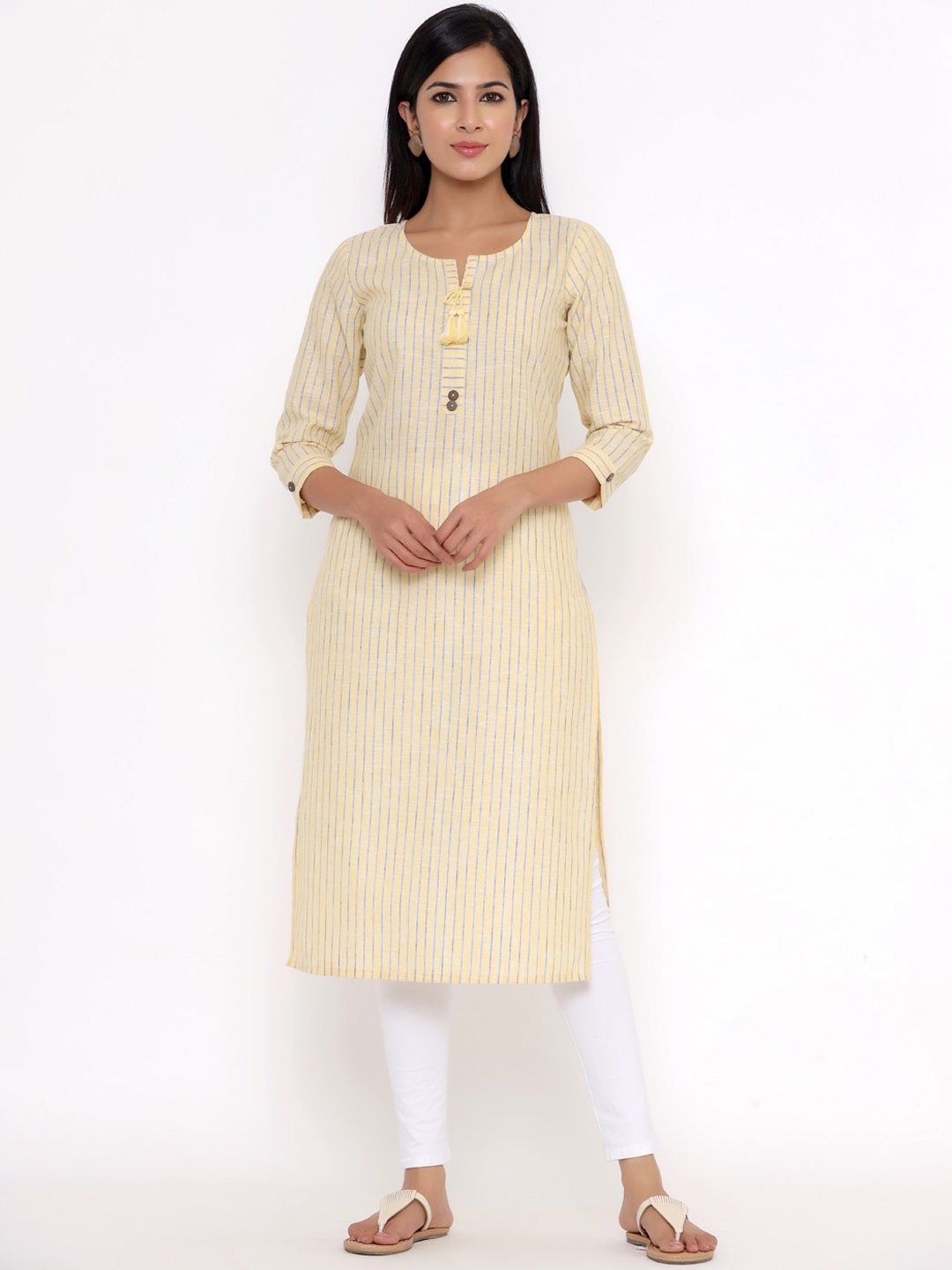 

Indian Virasat Women Yellow Striped Cotton Kurta