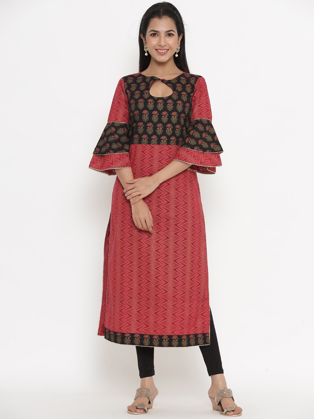 

Indian Virasat Women Red Ethnic Motifs Printed Keyhole Neck Bell Sleeves Cotton Kurta