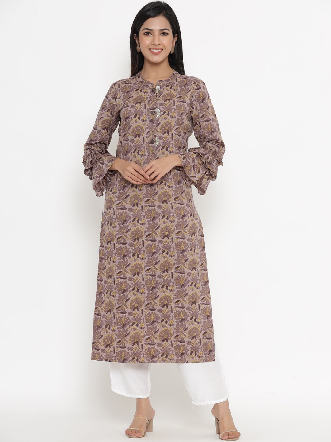 

Indian Virasat Women Brown Ethnic Motifs Printed Bell Sleeves Cotton Kurta