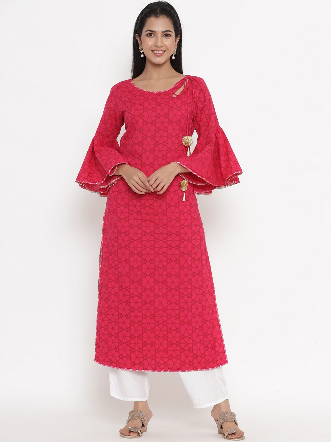 

Indian Virasat Women Red Ethnic Motifs Printed Keyhole Neck Bell Sleeves Cotton Kurta