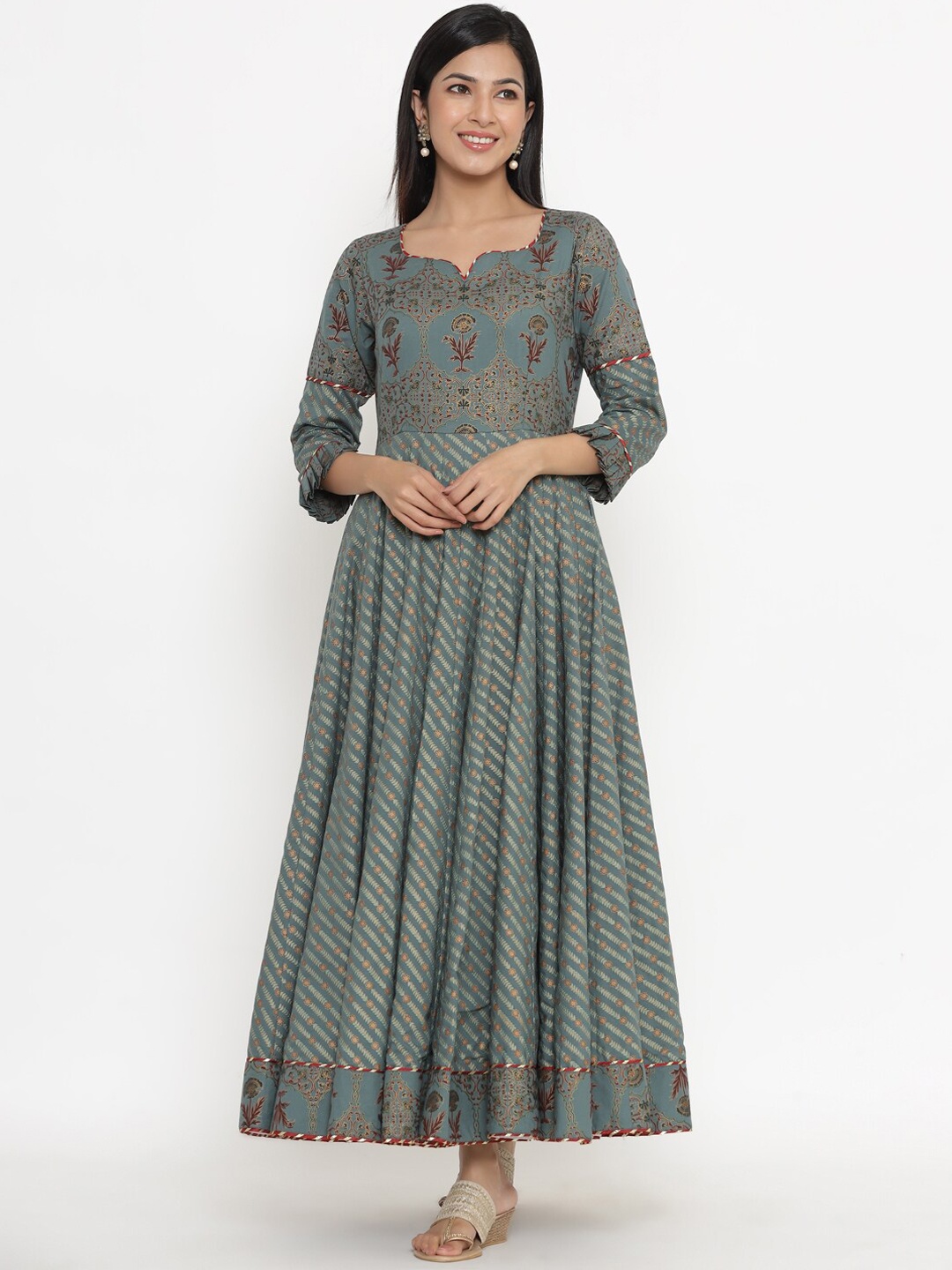 

Indian Virasat Green Ethnic Motifs Cotton Maxi Dress