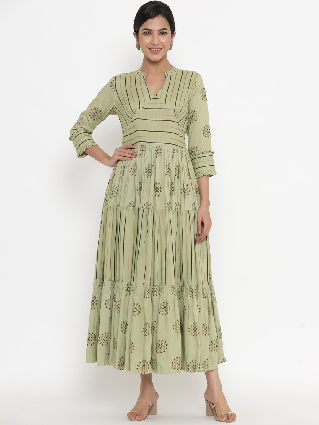 

Indian Virasat Green Ethnic Motifs Maxi Dress