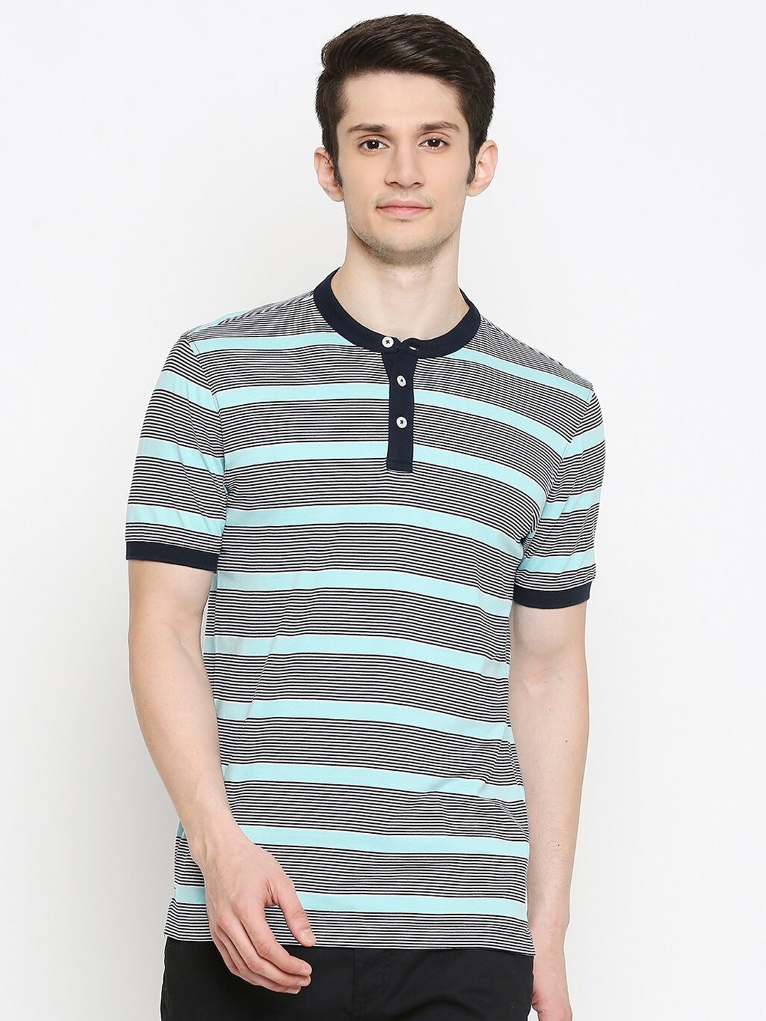 

BYFORD by Pantaloons Men Green & Black Striped Henley Neck Slim Fit T-shirt