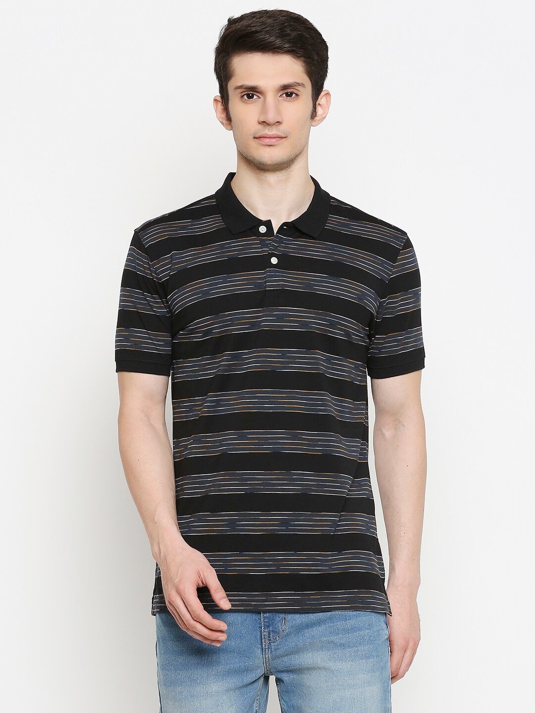 

BYFORD by Pantaloons Men Black & Yellow Striped Polo Collar Slim Fit T-shirt
