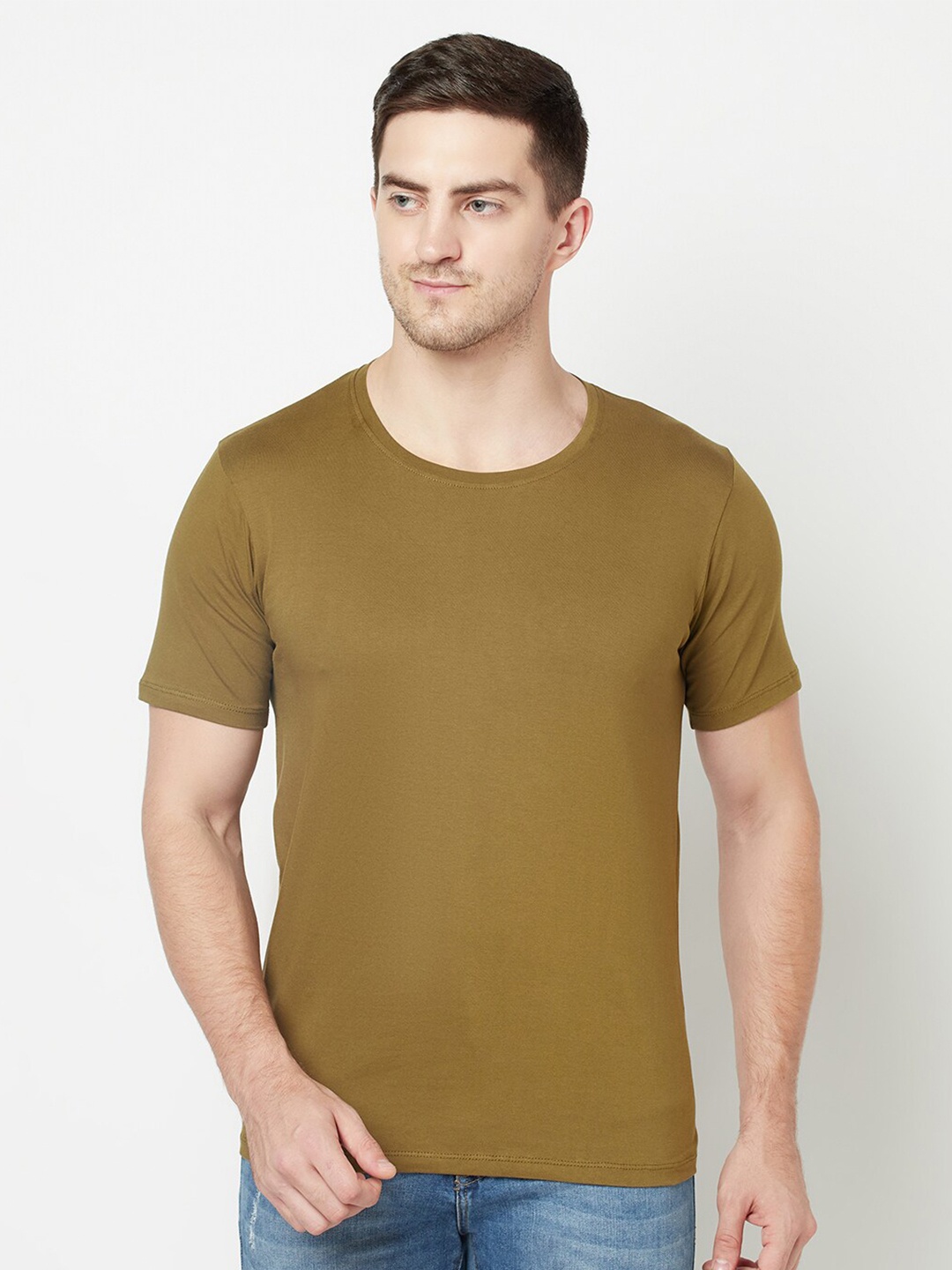 

Purple State Men Olive Green Solid T-shirt