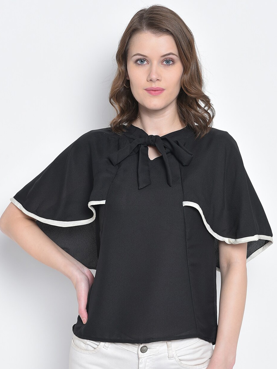 

Mayra Black Tie-Up Neck Kimono Sleeves Top