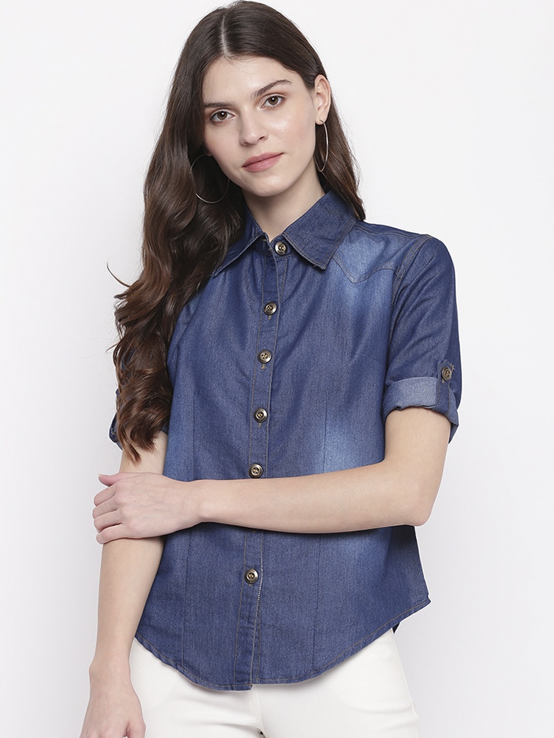

Mayra Women Blue Slim Fit Faded Cotton Faded Denim Casual Shirt